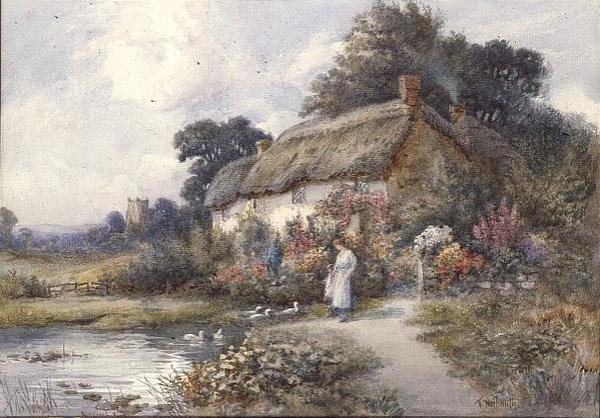 Olkikattoinen mökki, Ringwood, Hampshire (akvarelli) tekijältä Thomas Noelsmith