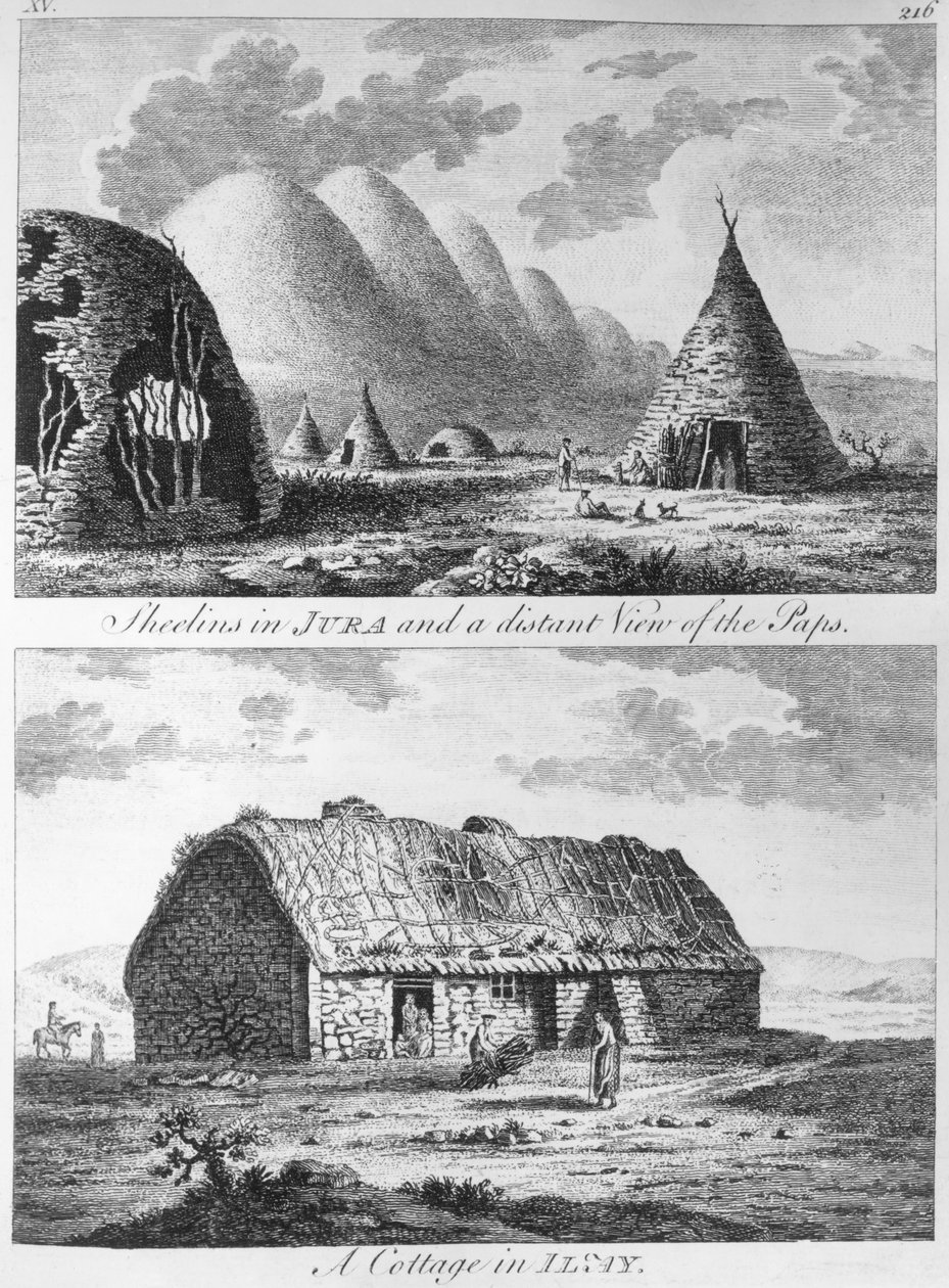 Sheelins Jurassa ja kaukainen näkymä Papsiin ja Islayn mökkiin "Kiertue Skotlannissa ja matka Hebrideille" 1772 tekijältä Thomas Pennant