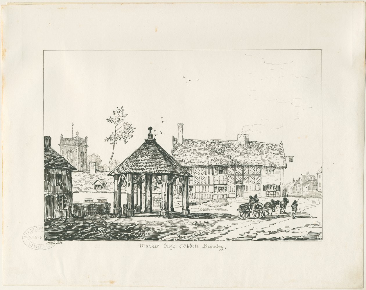 Abbots Bromley - Tudor Market Cross and House: kynä- ja mustepiirustus tekijältä Thomas Peploe Wood