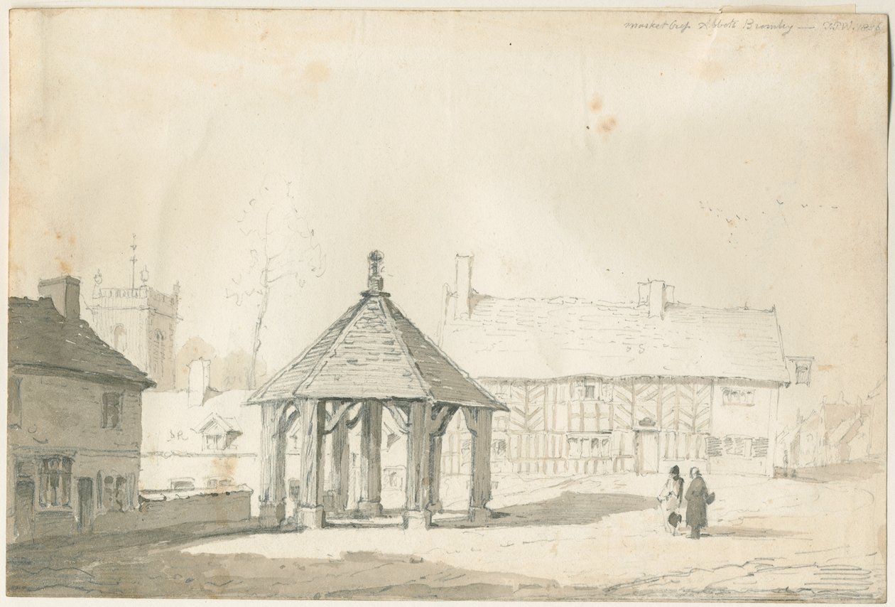Abbots Bromley Tudor - markkinaristi ja talo: lyijykynä- ja pesupiirros. tekijältä Thomas Peploe Wood