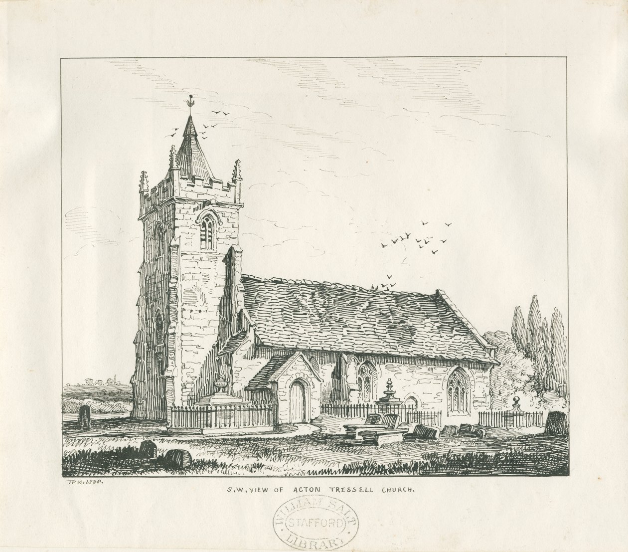 Acton Trussell Church: kynä- ja mustepiirustus, 1838 tekijältä Thomas Peploe Wood