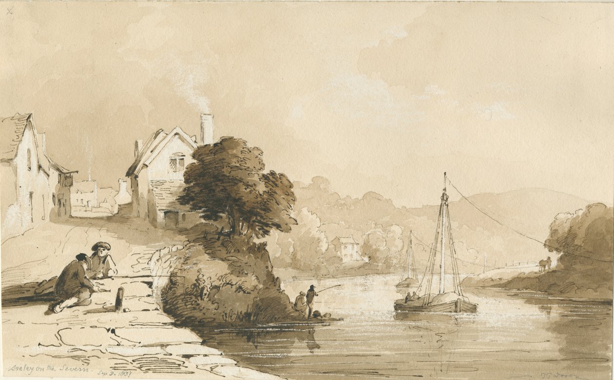 Arley - River Severn: seepiapiirustus, 8. syyskuuta 1837 tekijältä Thomas Peploe Wood