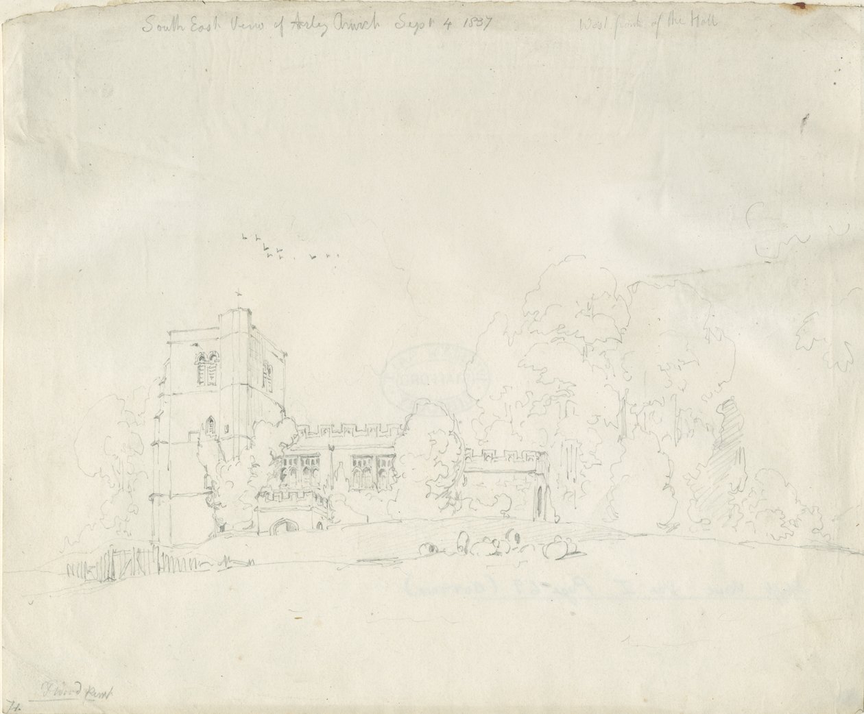 Arley Church: lyijykynäpiirros, 4. syyskuuta 1837 tekijältä Thomas Peploe Wood