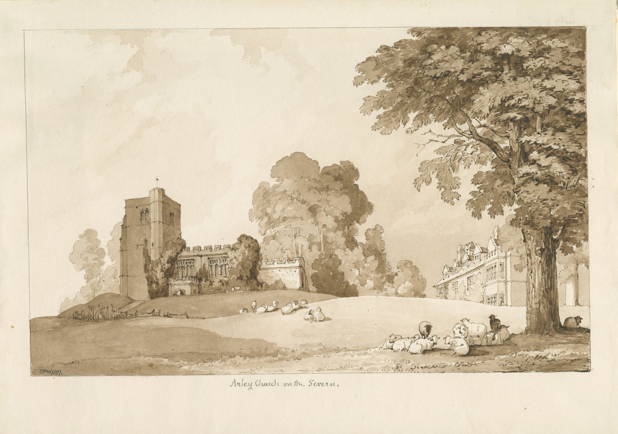 Arley Church: seepiapiirustus, 1837 tekijältä Thomas Peploe Wood