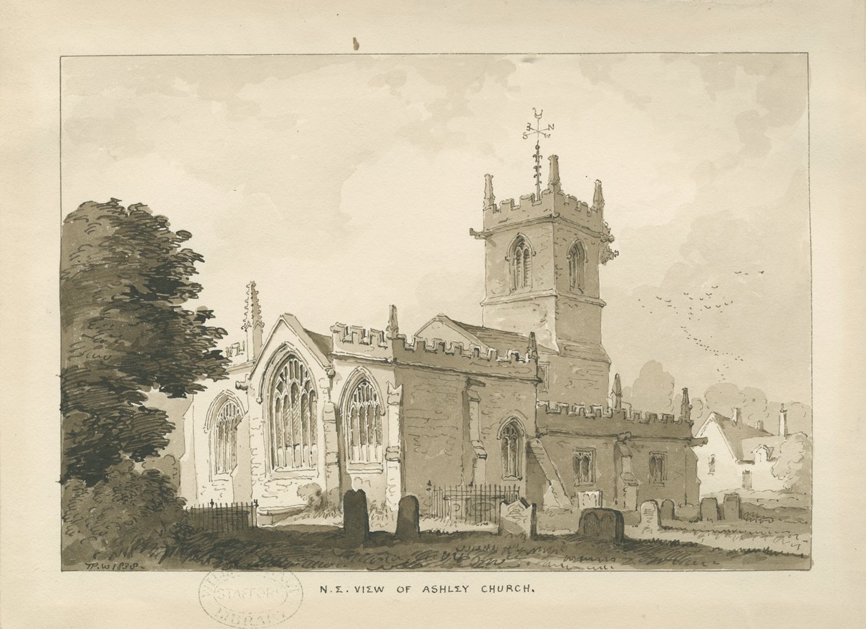 Ashley Church: seepiapiirustus, 1838 tekijältä Thomas Peploe Wood