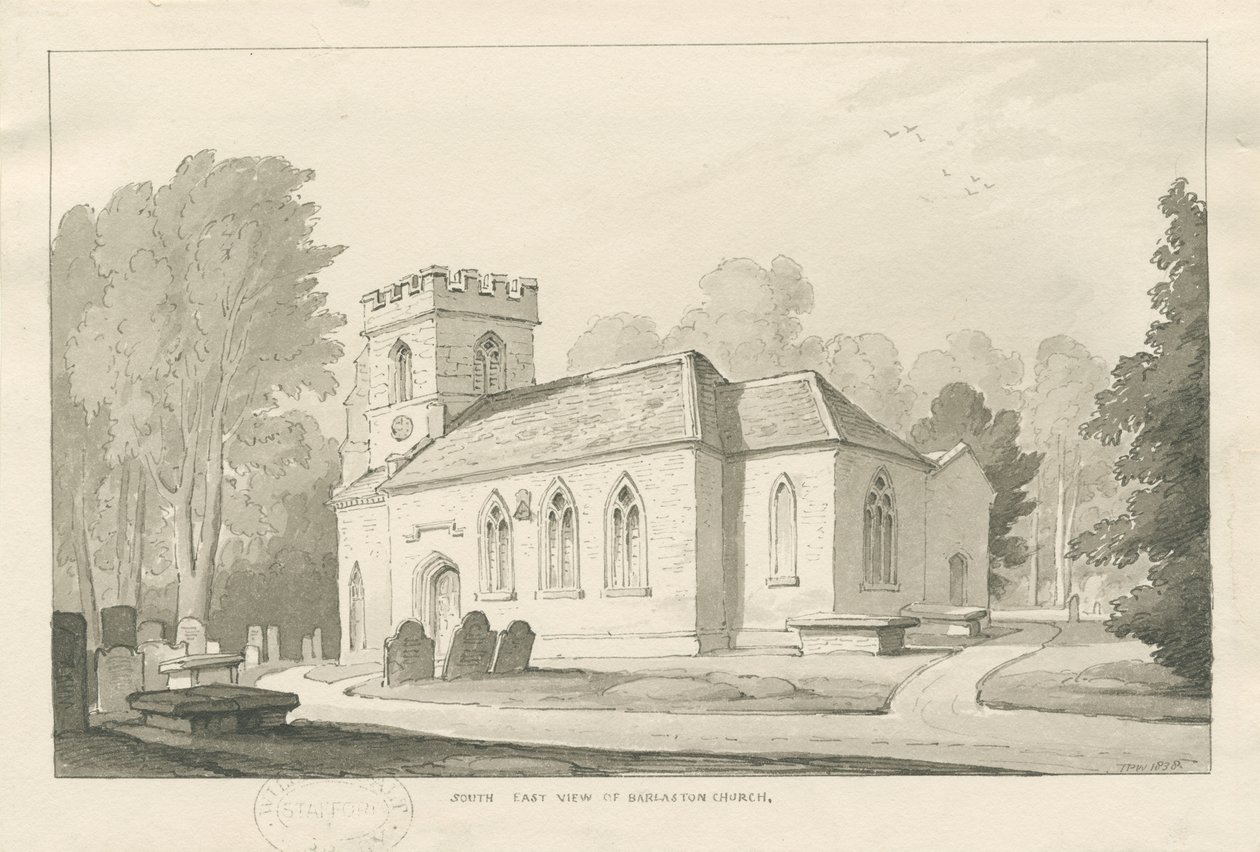 Barlaston Church: kynä- ja pesupiirustus, 1838 tekijältä Thomas Peploe Wood