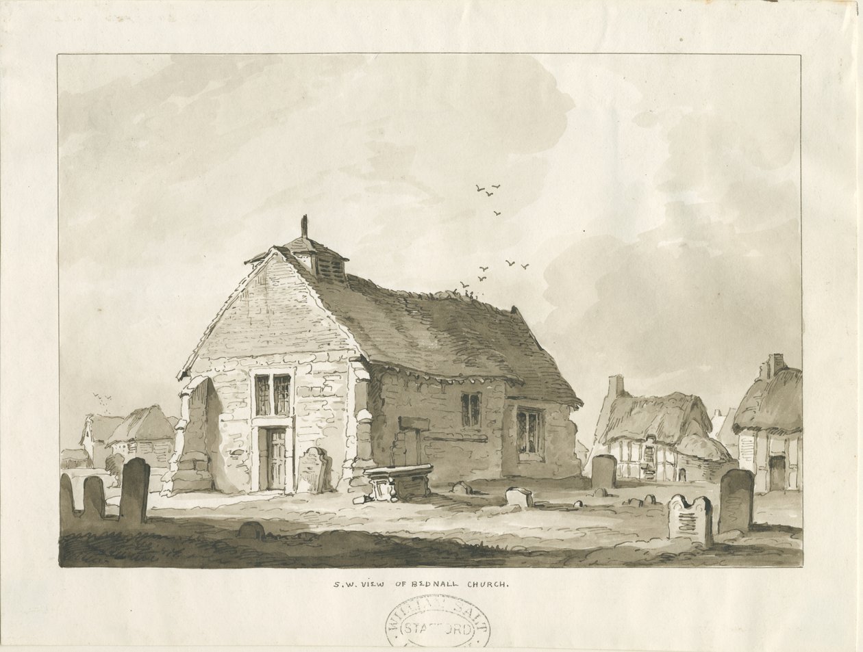 Bednallin kirkko: seepiapiirros, nd [?1838] tekijältä Thomas Peploe Wood