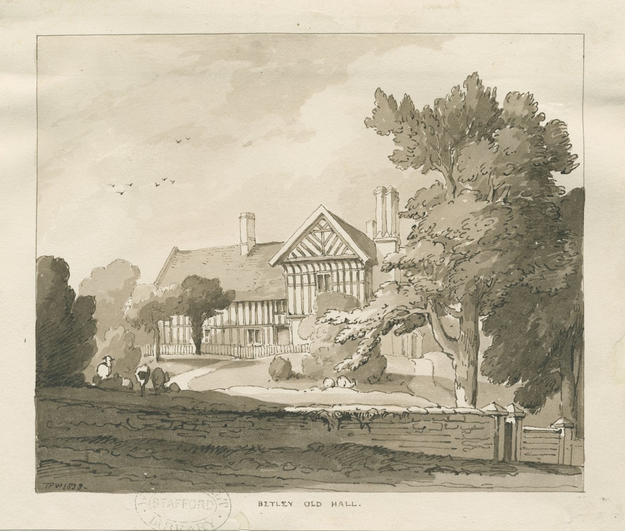 Betley Old Hall: seepiapiirustus, 1838 tekijältä Thomas Peploe Wood