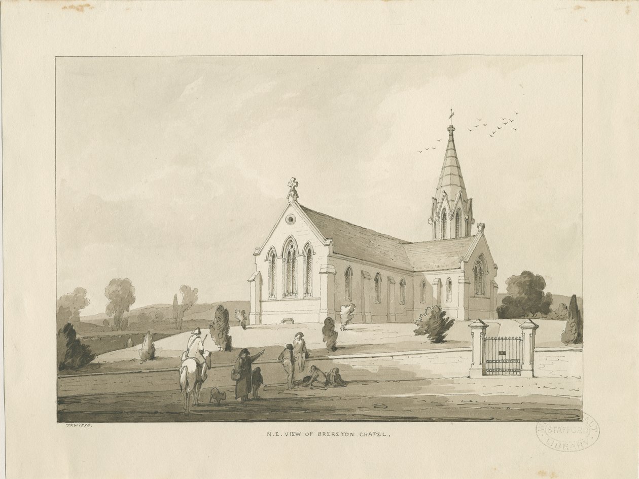 Breretonin kappeli: [St. Michaelin kirkko, Brereton] pesupiirustus, 1838 tekijältä Thomas Peploe Wood