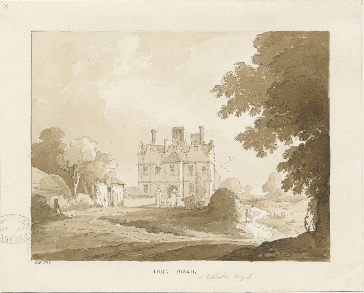 Brewood - Long Birch Hall: seepiapiirustus, 1838 tekijältä Thomas Peploe Wood