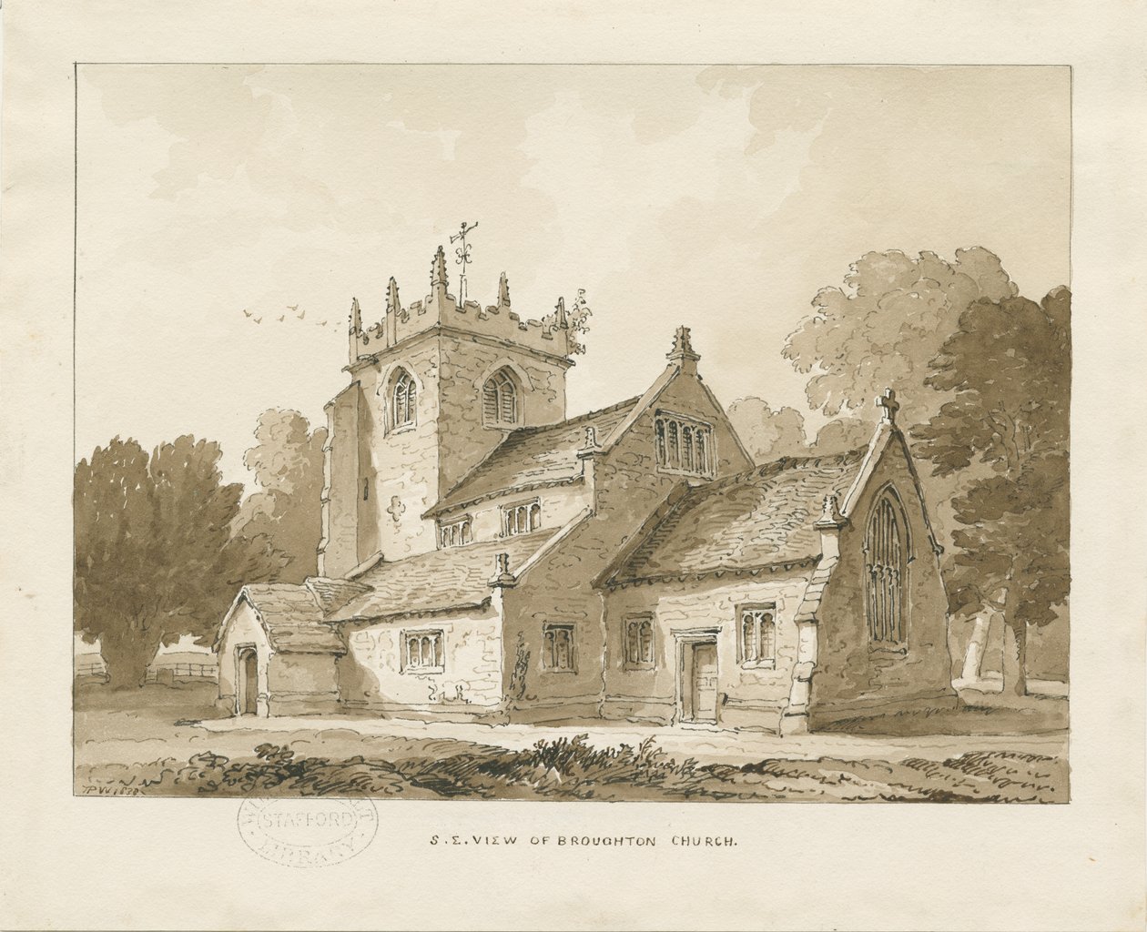 Broughton Church: seepiapiirros, 1838 tekijältä Thomas Peploe Wood