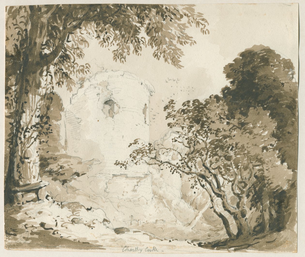 Chartley Castle: kynä- ja pesupiirustus, nd [1837-1838] tekijältä Thomas Peploe Wood