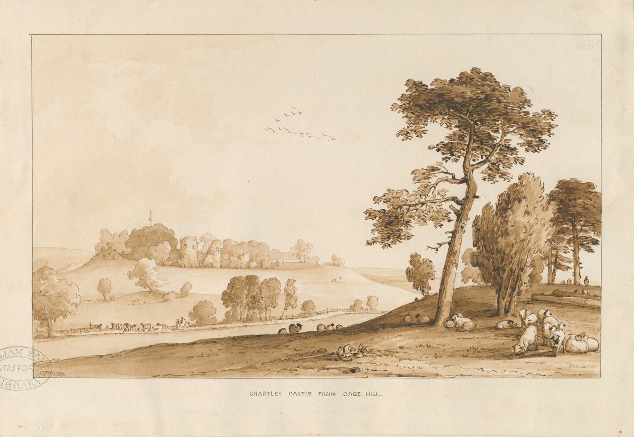 Chartley Castle: seepiapesupiirustus, 1837 tekijältä Thomas Peploe Wood