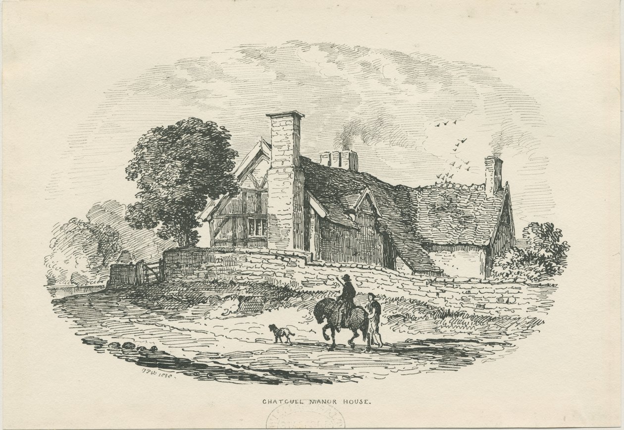 Chatcull Manor House: kynä- ja mustepiirustus (vinjetoitu) tekijältä Thomas Peploe Wood