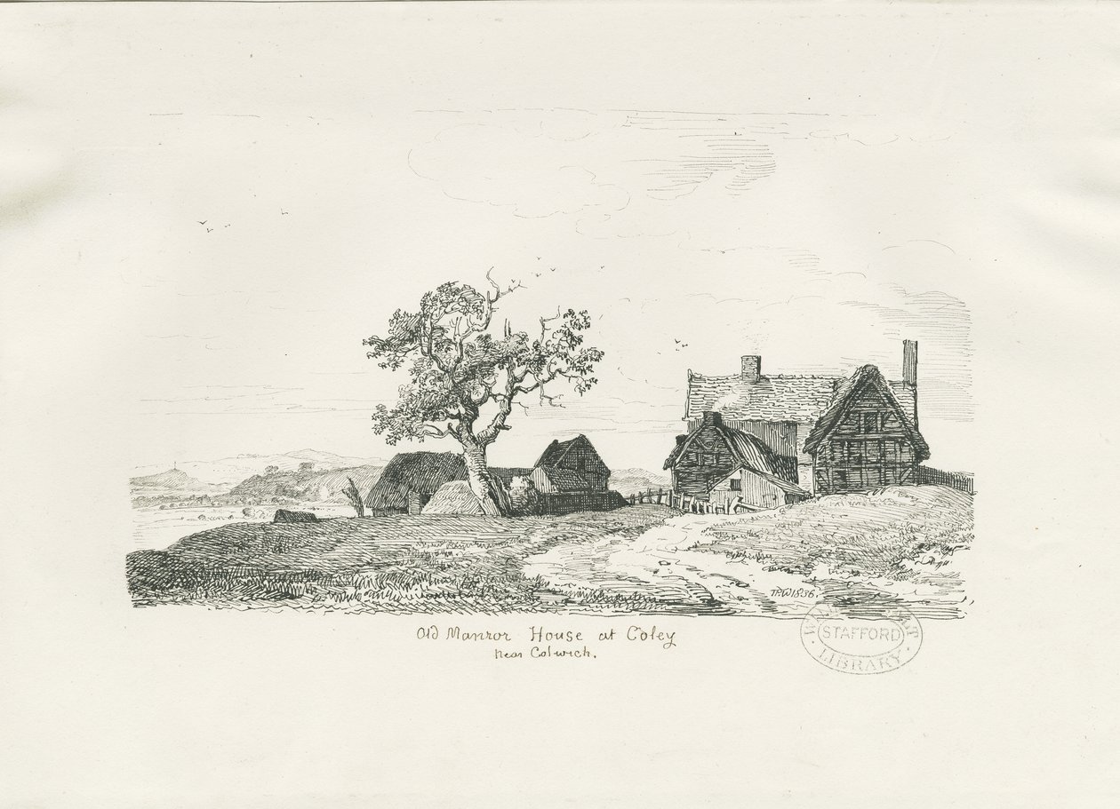 Colwich - Coleyn vanha kartano: kynä- ja mustepiirustus, 1836 tekijältä Thomas Peploe Wood