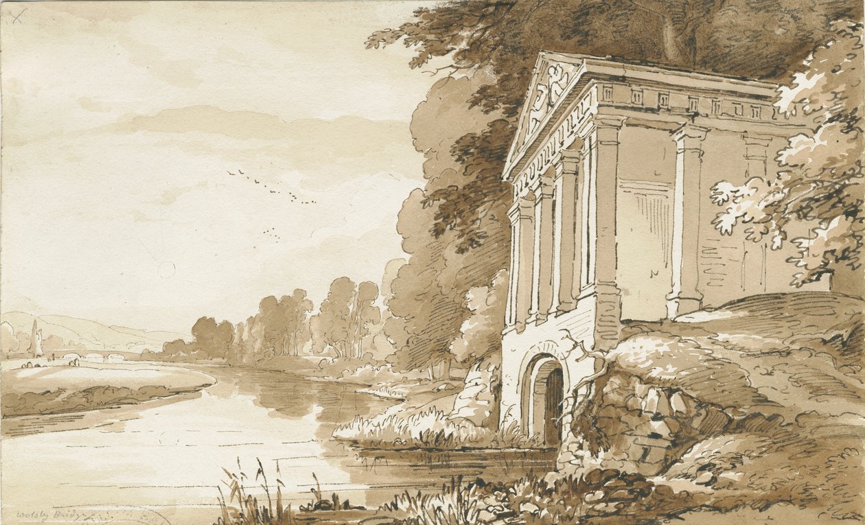 Colwich - Temppeli lähellä Wolseley Bridgeä: seepiapesupiirros, nd [1837-1838] (piirustus) tekijältä Thomas Peploe Wood