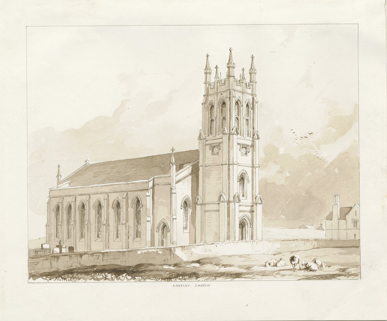 Coseleyn kirkko: seepiapesupiirros, nd [1841] tekijältä Thomas Peploe Wood