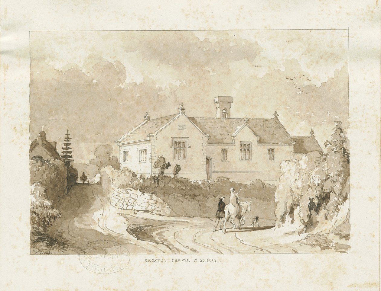 Croxden - Kappeli ja koulu: seepiapesupiirros, nd [1817-1845] (piirustus) tekijältä Thomas Peploe Wood