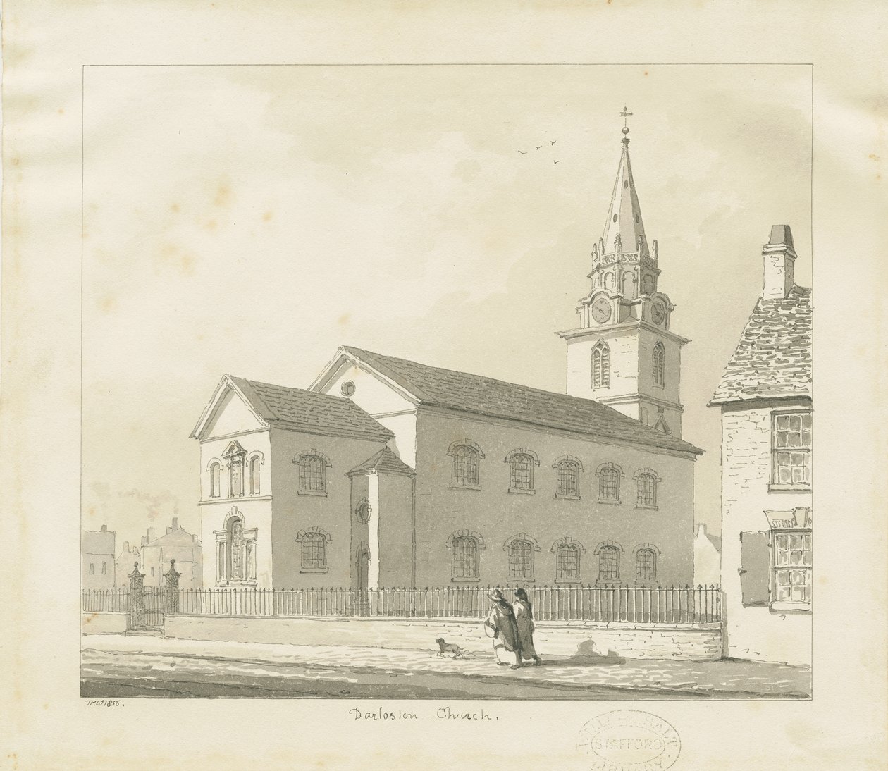 Darlaston Church: seepiapiirustus, 1836 tekijältä Thomas Peploe Wood