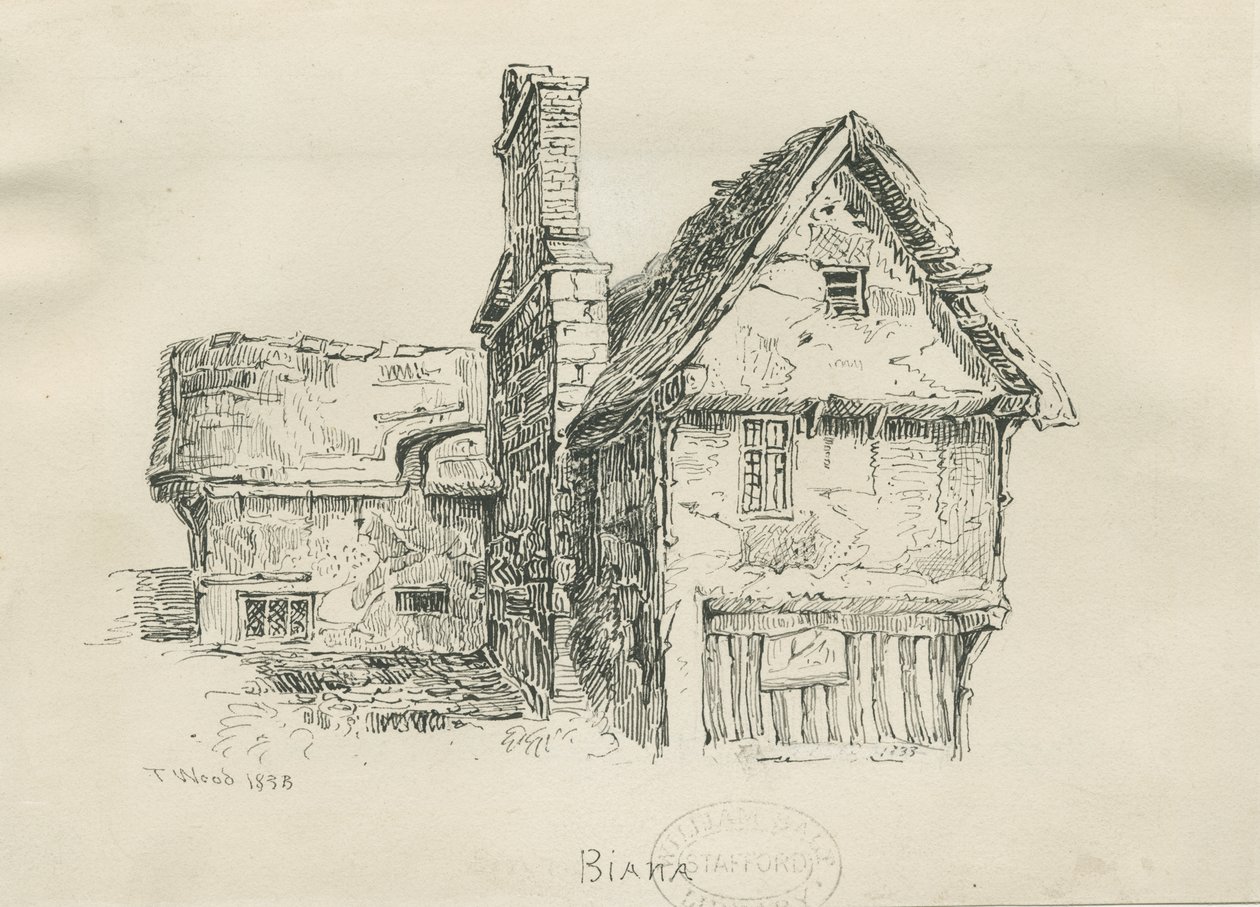 Eccleshall - Biana Hall: kynä- ja mustepiirustus, 1833 tekijältä Thomas Peploe Wood