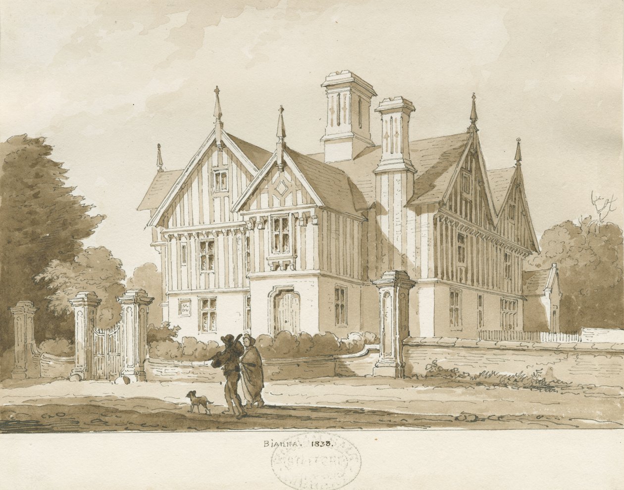 Eccleshall - Biana Hall: seepiapiirustus, 1838 tekijältä Thomas Peploe Wood