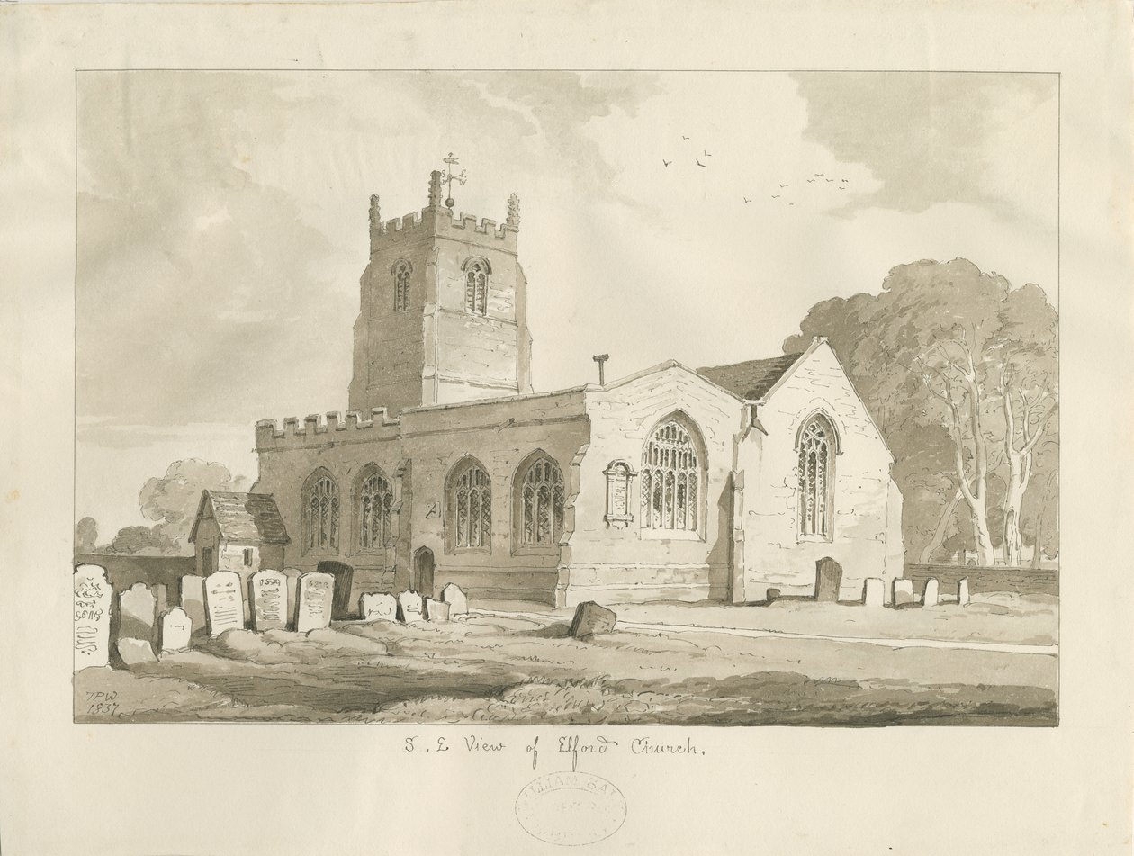 Elford Church: seepiapiirustus, 1837 tekijältä Thomas Peploe Wood
