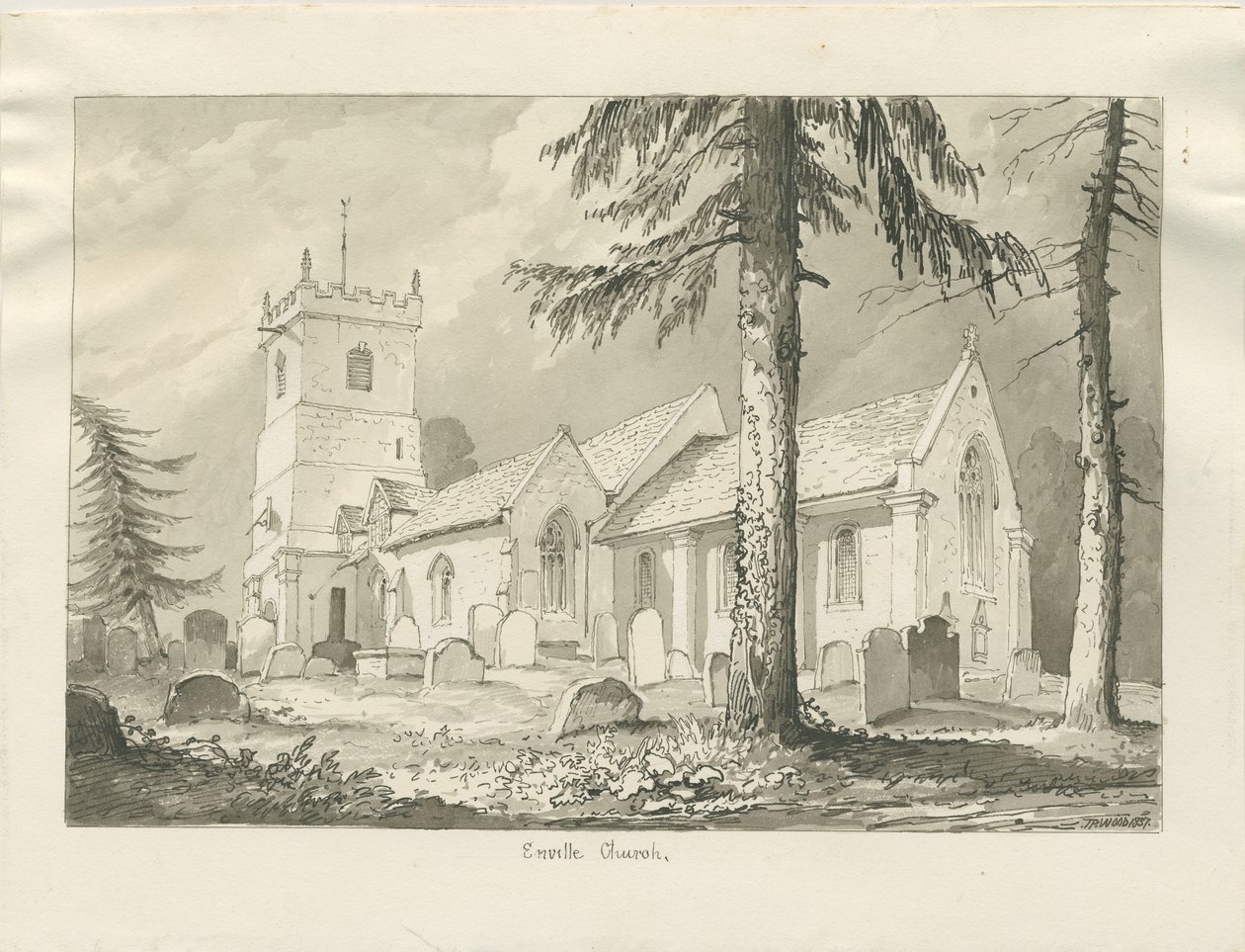 Envillen kirkko: seepiapiirros, 1837 tekijältä Thomas Peploe Wood