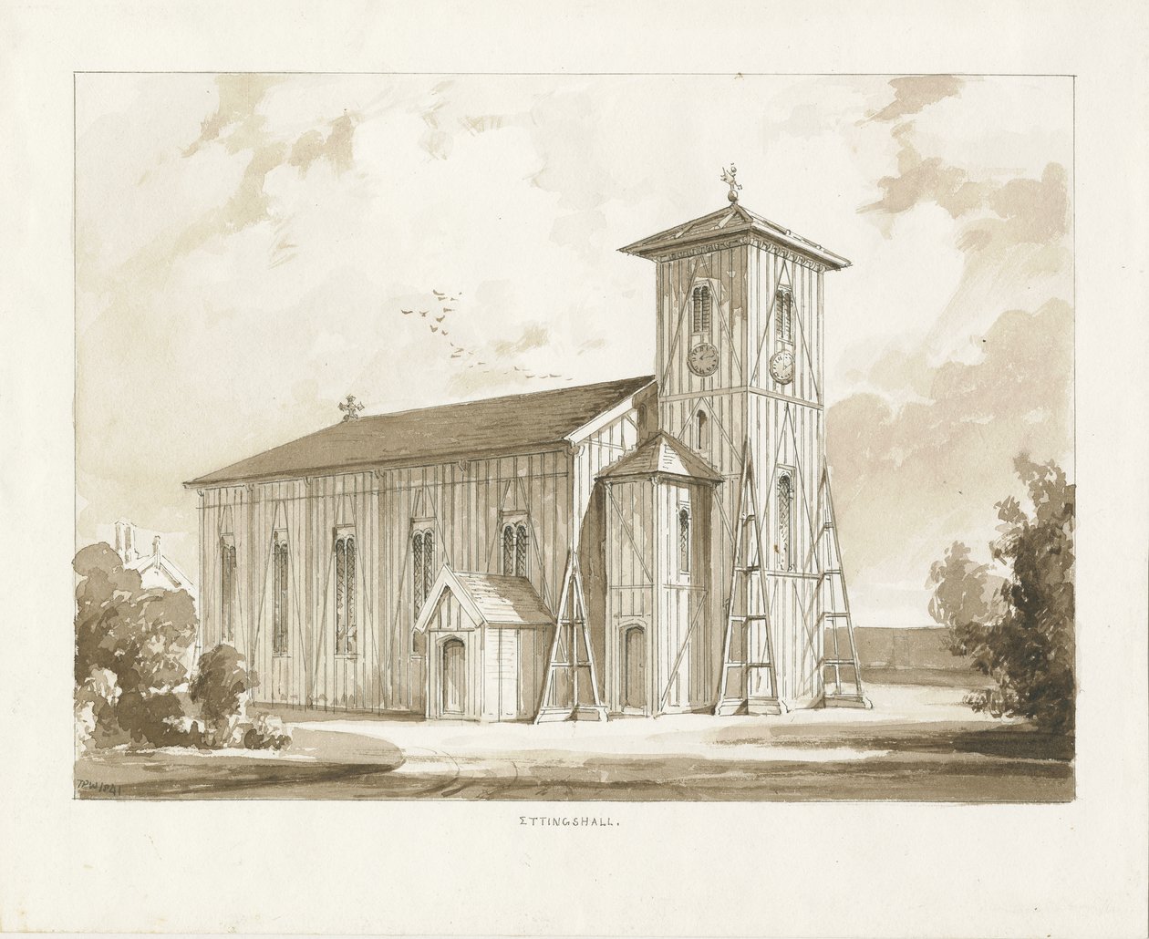 Ettingshallin kirkko: seepiapesupiirros, 1841 tekijältä Thomas Peploe Wood