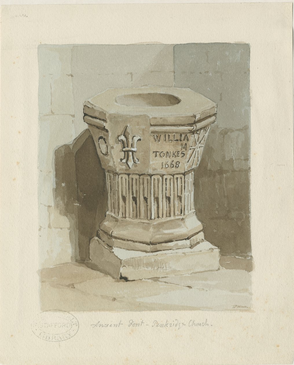 Fontti Penkridge kirkossa: akvarellimaalaus, ndc 1836] (maalaus) tekijältä Thomas Peploe Wood