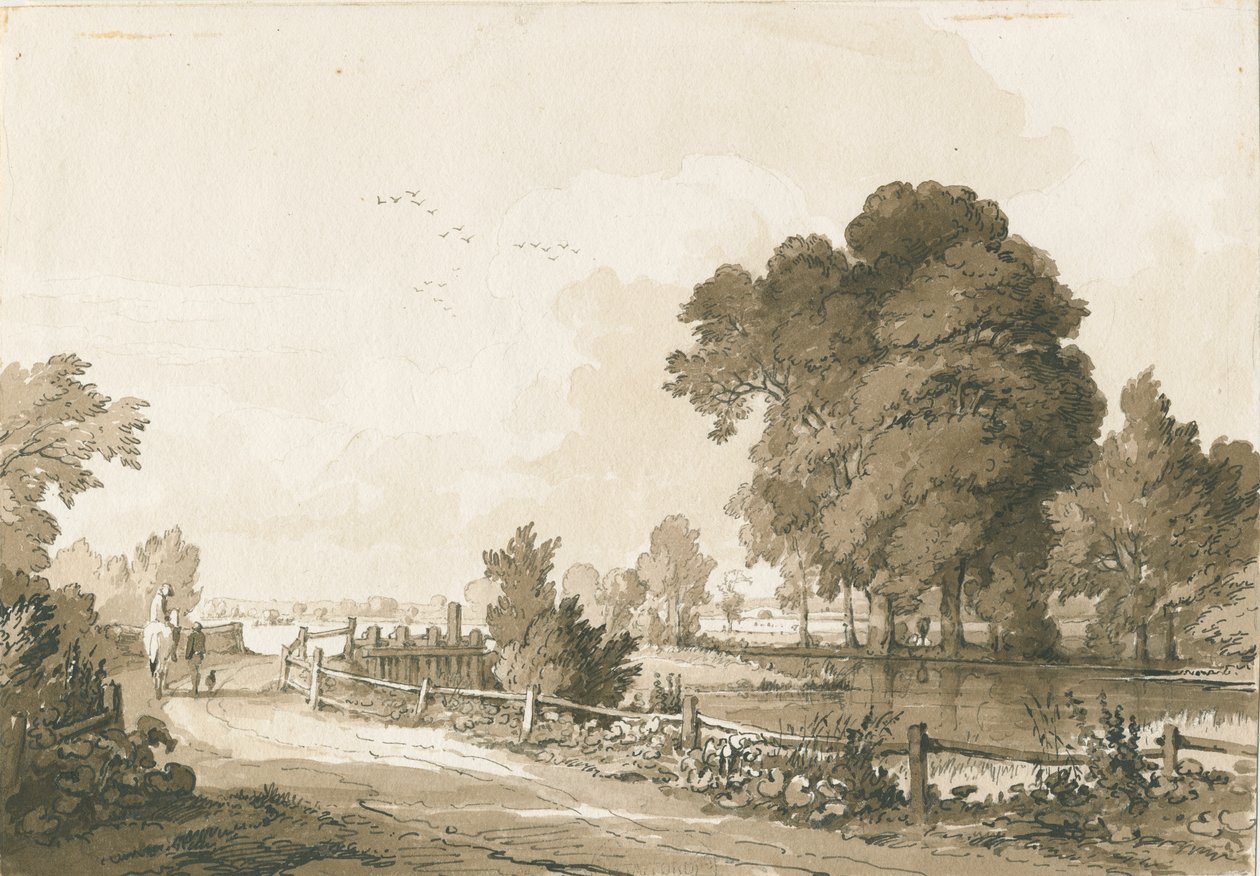 Great Haywood - Trent-joen tulvaportit: kynä- ja seepiapiirros, 17. heinäkuuta 1838 tekijältä Thomas Peploe Wood