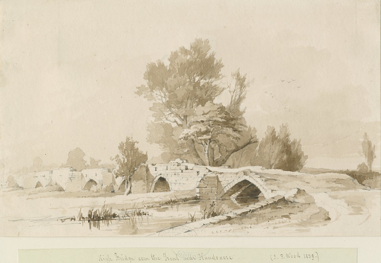 Handsacre - Old High Bridge: seepiapiirros, 1839 tekijältä Thomas Peploe Wood