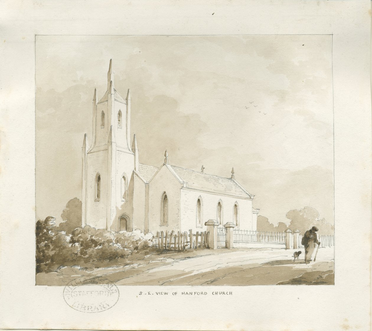 Hanford Church: lyijykynä- ja pesupiirustus, nd [?1838] (piirustus) tekijältä Thomas Peploe Wood