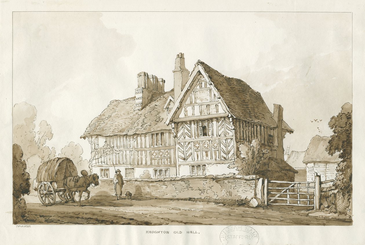 Haughton - Old Hall: seepiapiirustus, 1838 tekijältä Thomas Peploe Wood