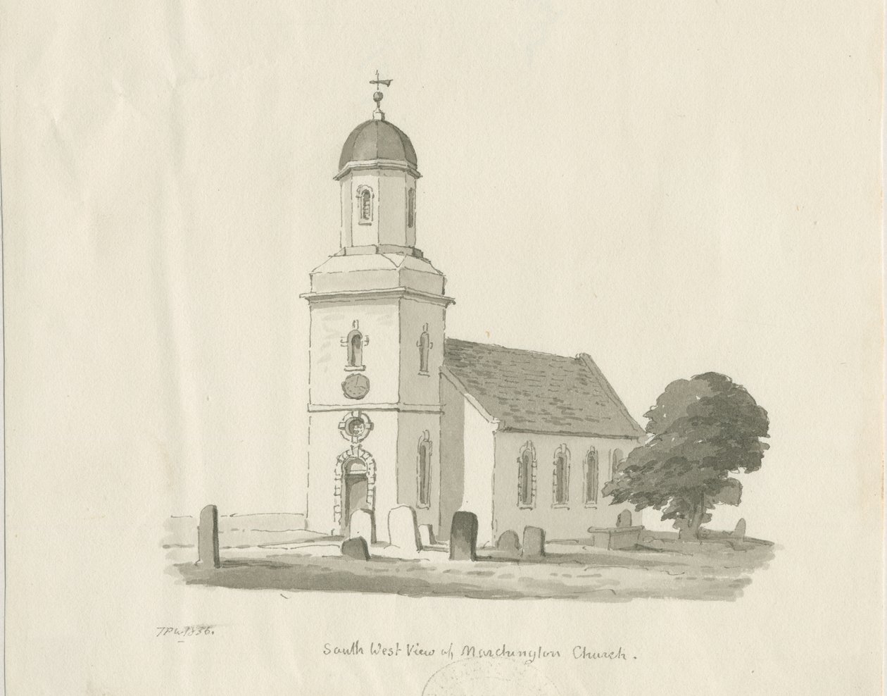 Marchington Church: seepiapesupiirros, 1836 tekijältä Thomas Peploe Wood