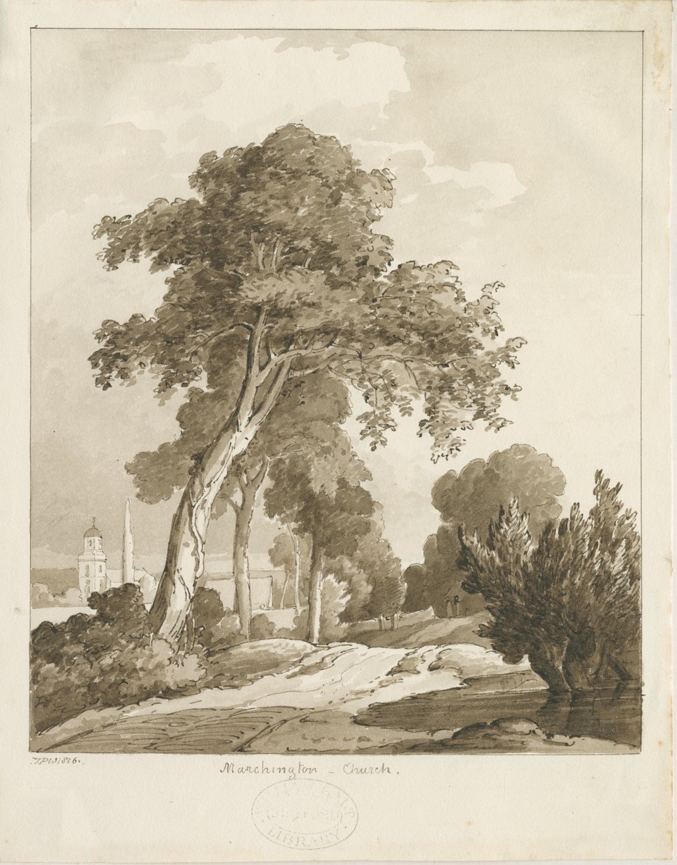Marchington Church: seepiapesupiirros, 1836 tekijältä Thomas Peploe Wood