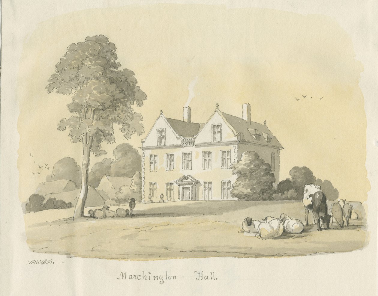 Marchington Hall: akvarelli- ja mustemaalaus, 1836 tekijältä Thomas Peploe Wood