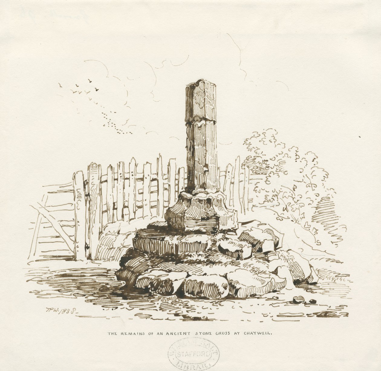 Moreton – Chatwellin kiviristin jäännökset: kynäpiirros, 1838 tekijältä Thomas Peploe Wood