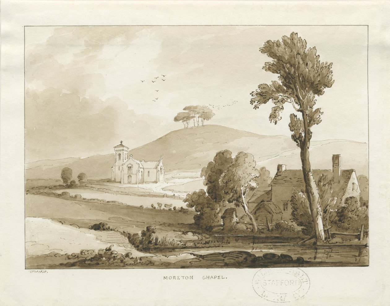 Moreton Chapel: seepiapesupiirustus, 1838 tekijältä Thomas Peploe Wood