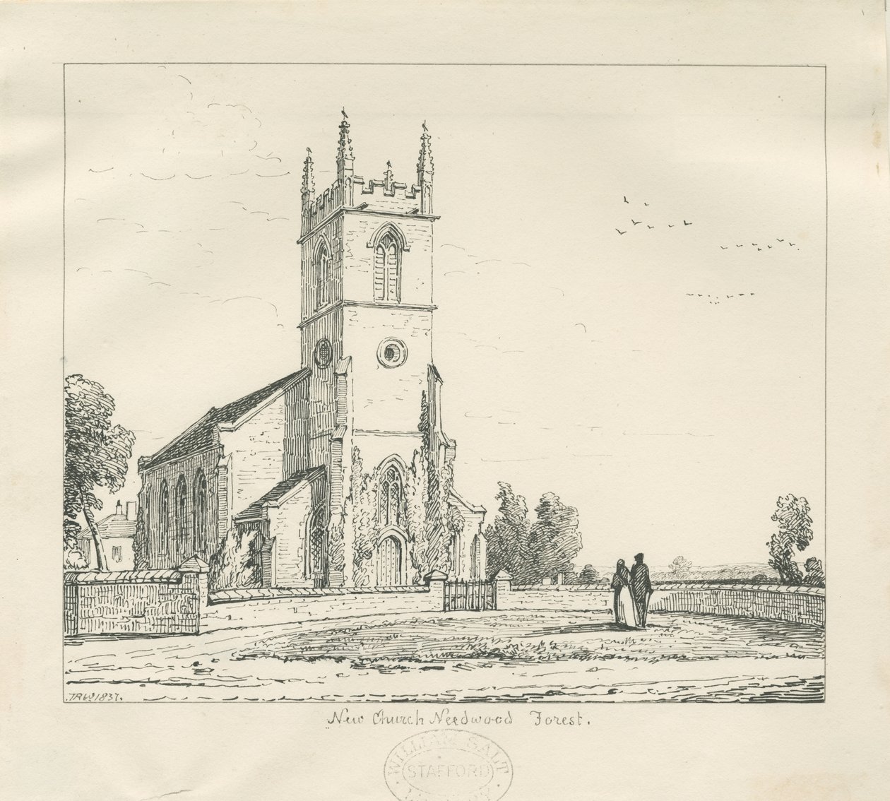 Needwood - "Uusi kirkko": kynäpiirros, 1837 tekijältä Thomas Peploe Wood