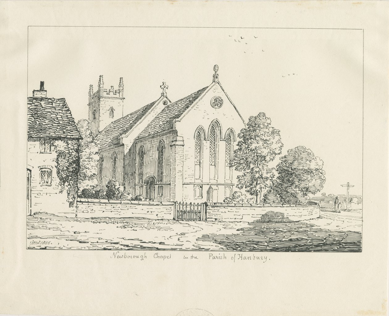 Newborough Church: kynä- ja mustepiirustus tekijältä Thomas Peploe Wood