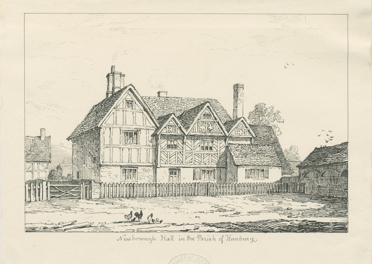 Newborough Hall: kynäpiirustus, 1836 tekijältä Thomas Peploe Wood