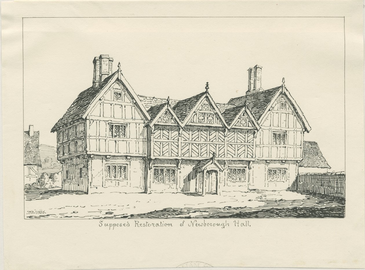 Newborough Hall: kynäpiirustus, 1836 tekijältä Thomas Peploe Wood