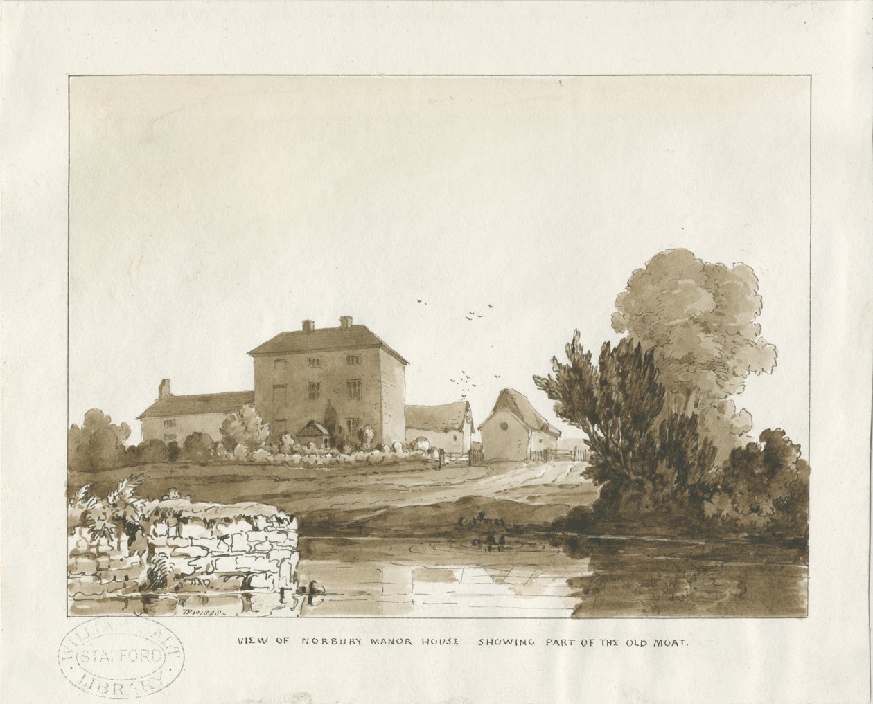 Norburyn kartano: seepiapesupiirustus, 1838 tekijältä Thomas Peploe Wood