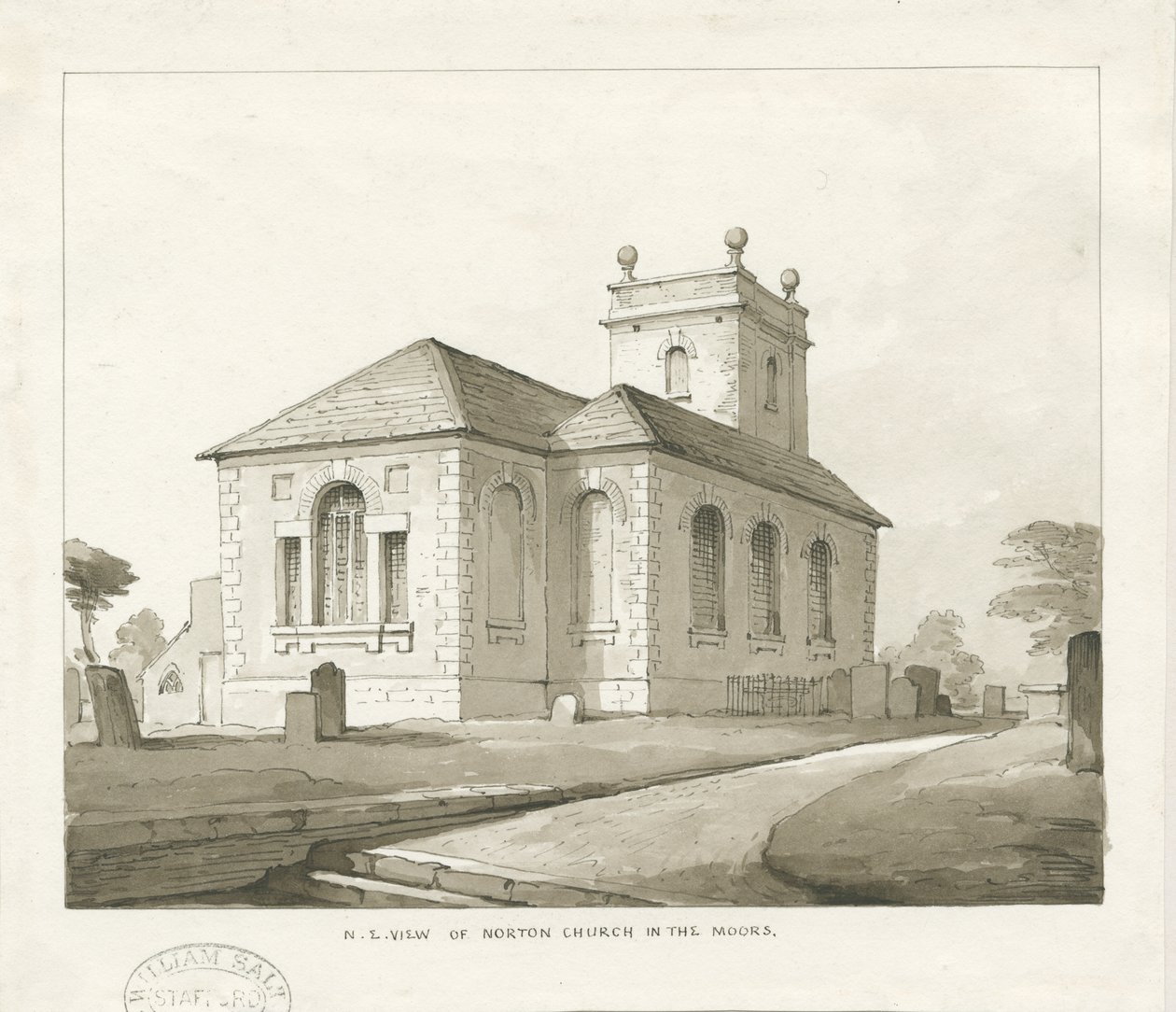 Norton-in-the-Moors Church: seepiapesupiirros, nd [1817-1845] tekijältä Thomas Peploe Wood