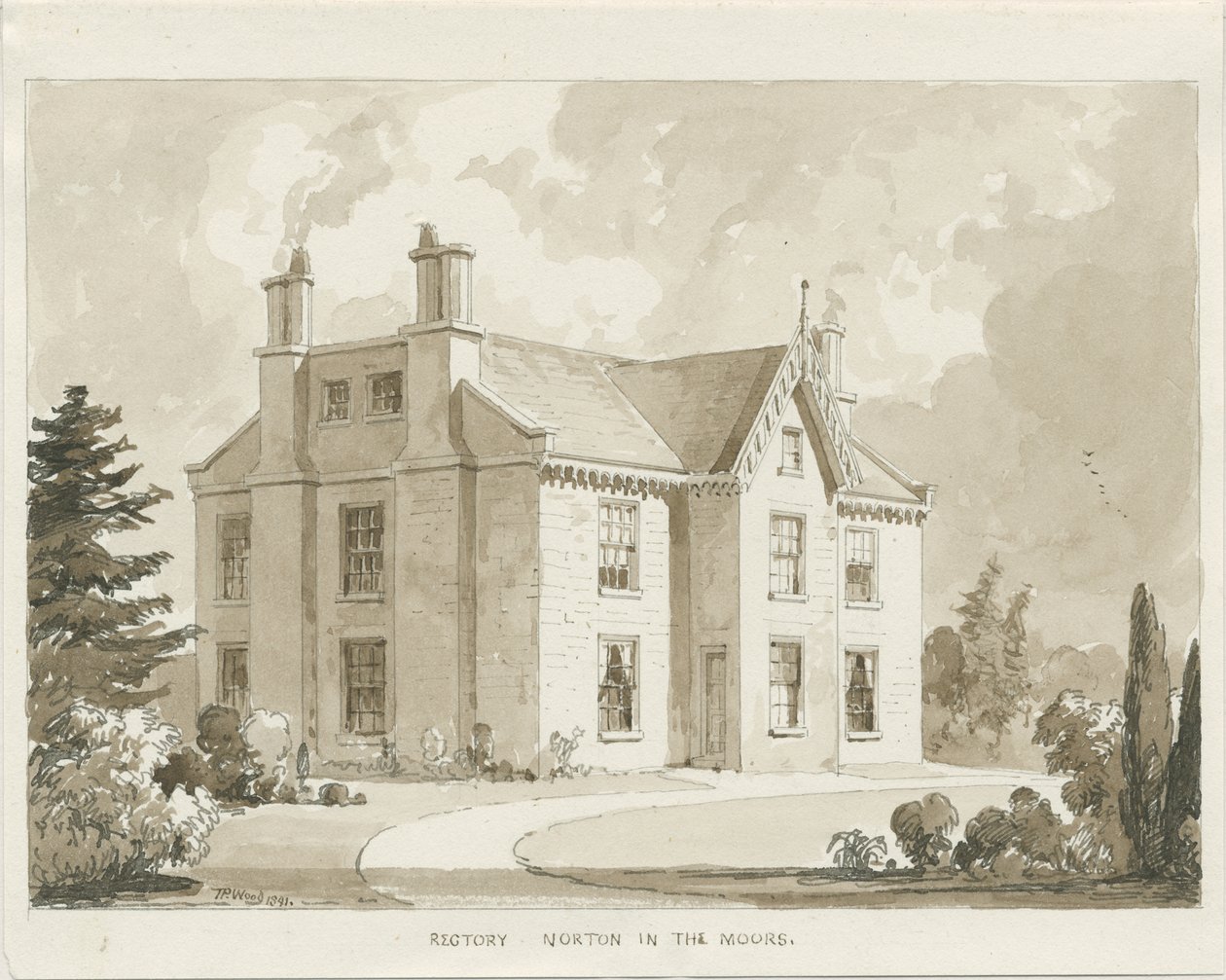 Norton-in-the-Moorsin kirkko: seepiapesupiirros, 1841 tekijältä Thomas Peploe Wood