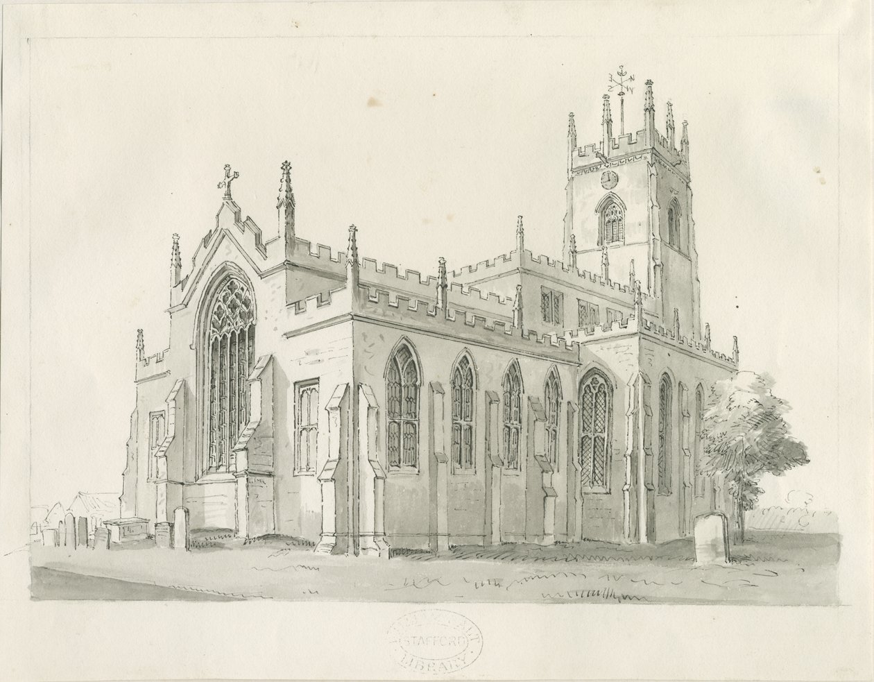 Penkridge Church: kynä- ja pesupiirustus, nd [1836] (piirustus) tekijältä Thomas Peploe Wood