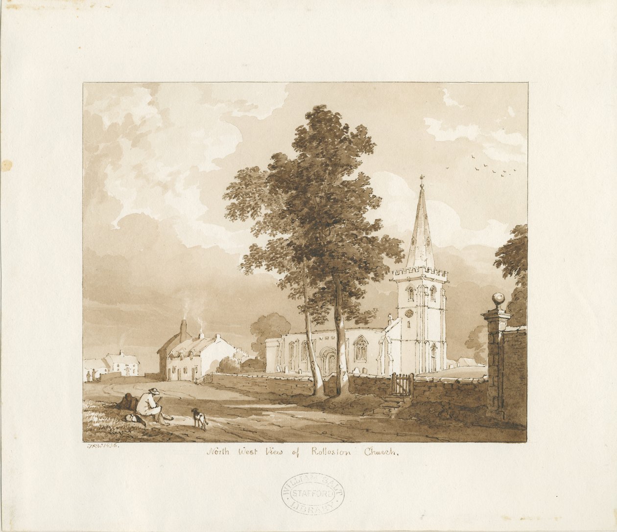 Rollestonin kirkko: punaseepiapiirros, 1836 tekijältä Thomas Peploe Wood