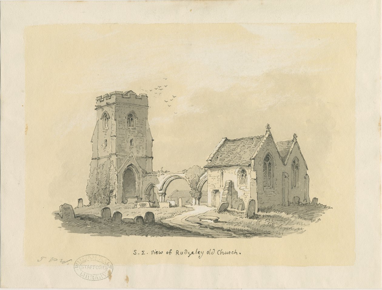 Rugeley Church (vanha): seepiapiirros sävytetylle paperille, nd [?1839] (piirustus) tekijältä Thomas Peploe Wood