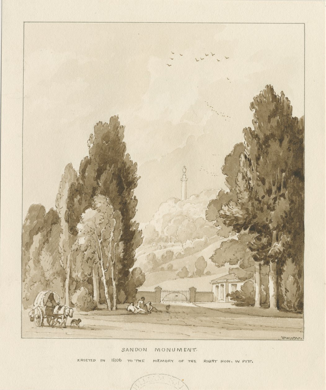 Sandon - William Pittin muistomerkki: seepiapesupiirros, 1838 tekijältä Thomas Peploe Wood