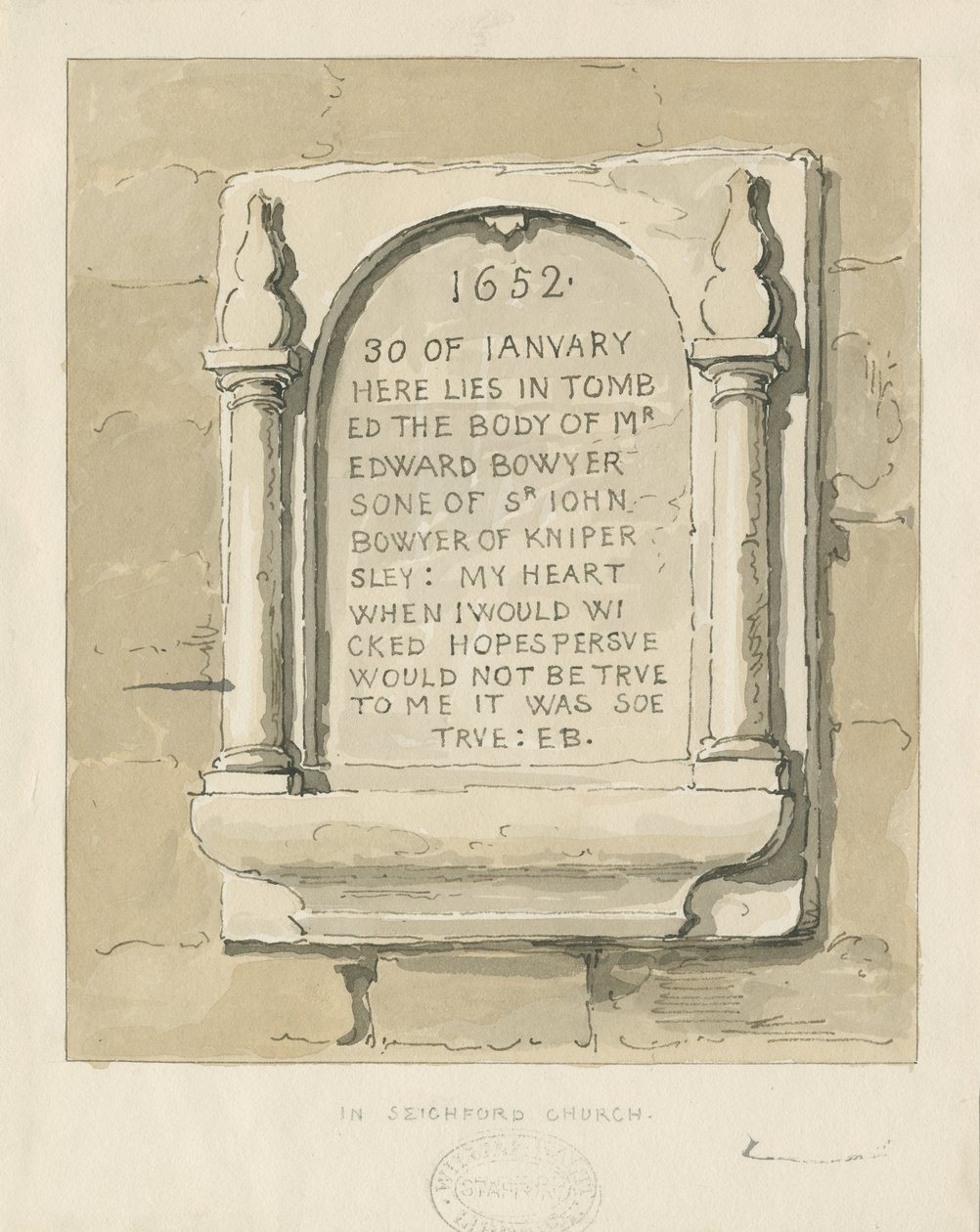 Seighford Church - Kivitaulu Edward Bowyerille: seepiapiirustus, nd [?1838] (piirustus) tekijältä Thomas Peploe Wood